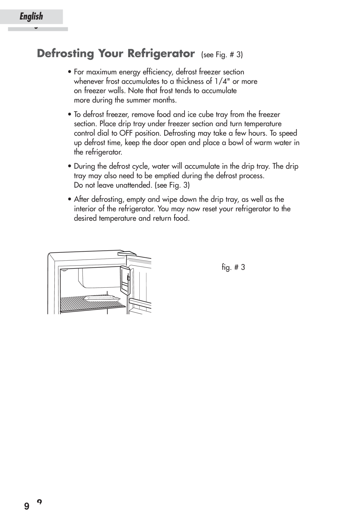 Haier HSP03WNAWW user manual Defrosting Your Refrigerator see Fig. #, English 