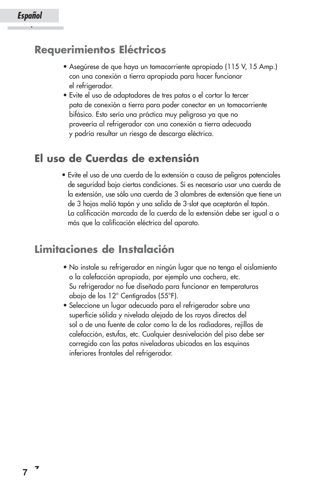 Haier HSP03WNAWW Requerimientos Eléctricos, El uso de Cuerdas de extensión, Limitaciones de Instalación, Español 