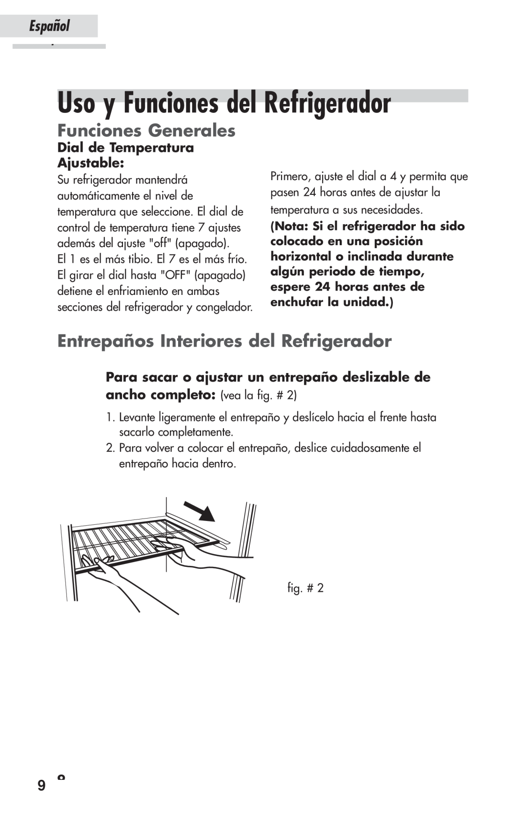 Haier HSP03WNAWW Uso y Funciones del Refrigerador, Funciones Generales, Entrepaños Interiores del Refrigerador, Español 