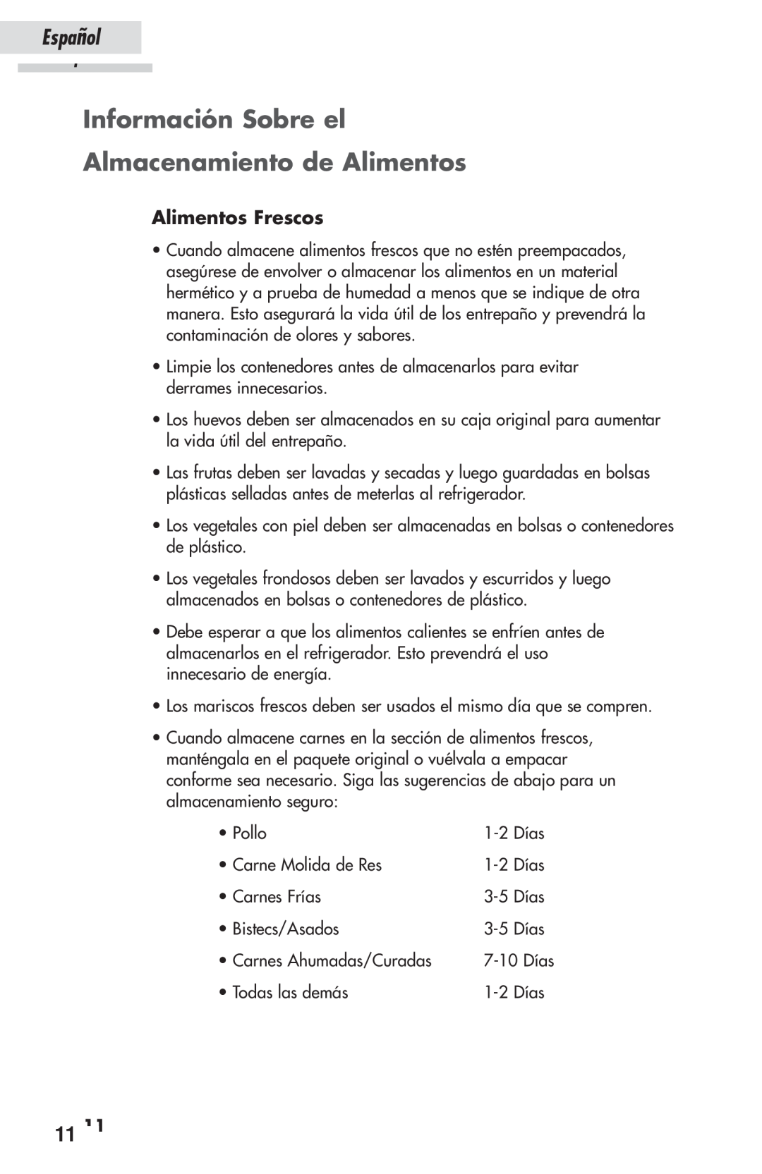 Haier HSP03WNAWW user manual Información Sobre el Almacenamiento de Alimentos, Alimentos Frescos, Español 