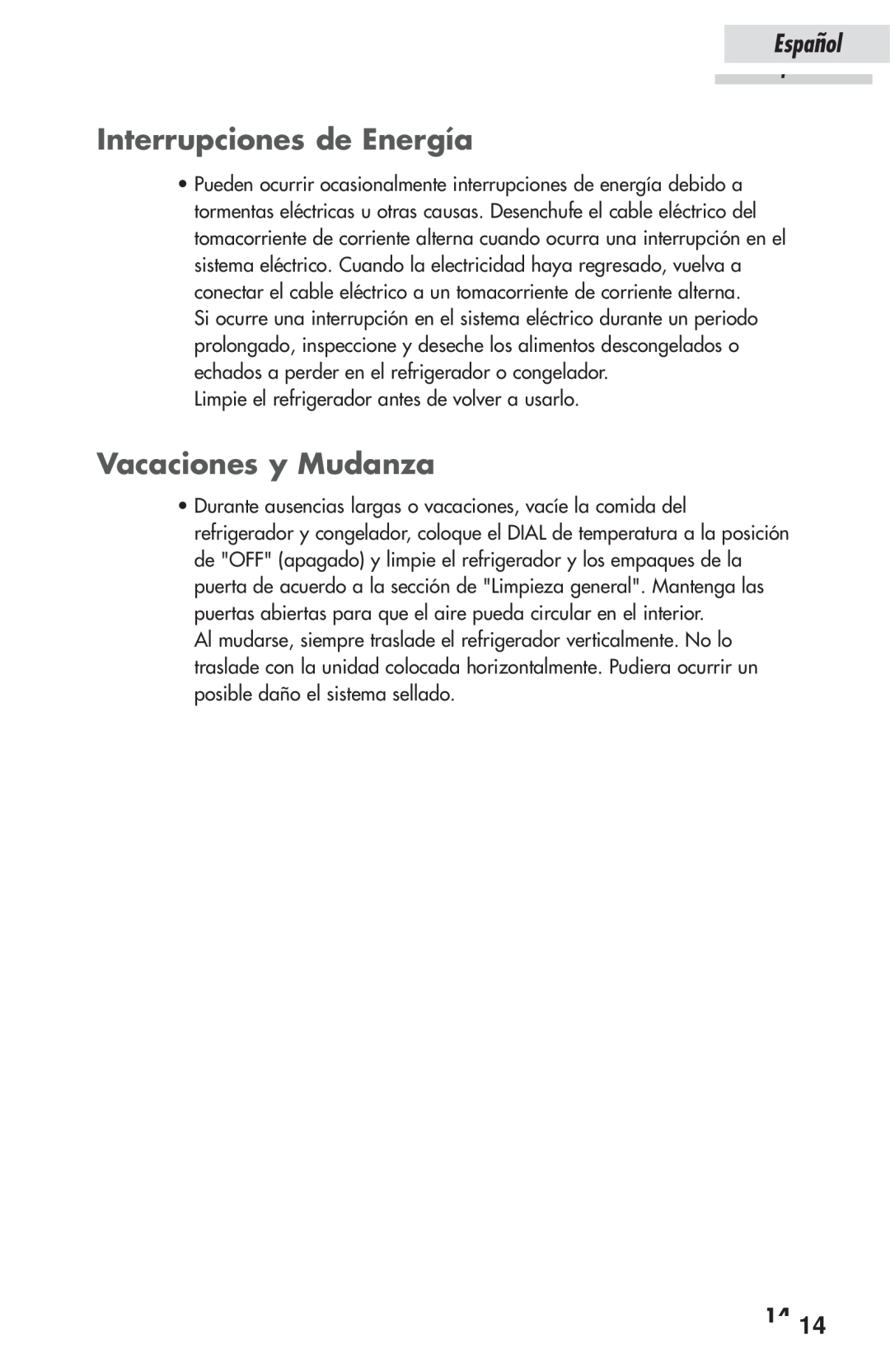 Haier HSP03WNAWW user manual Interrupciones de Energía, Vacaciones y Mudanza, Español, 1414 