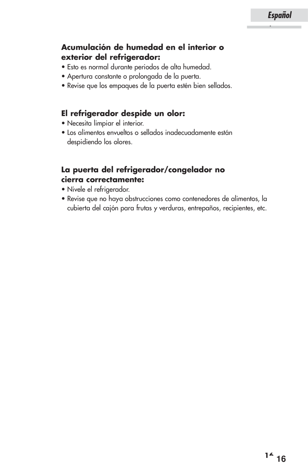 Haier HSP03WNAWW user manual El refrigerador despide un olor, Español, 1616 