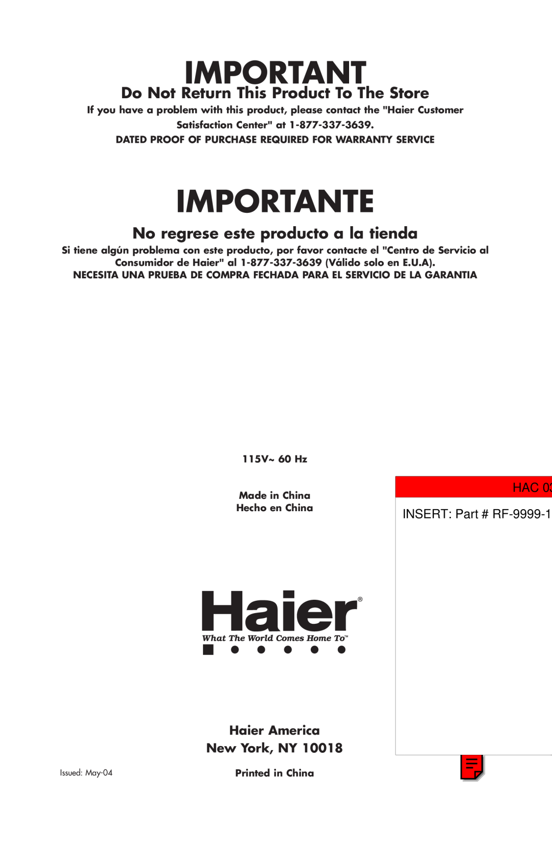 Haier HSP03WNAWW user manual Importante, Do Not Return This Product To The Store, No regrese este producto a la tienda 
