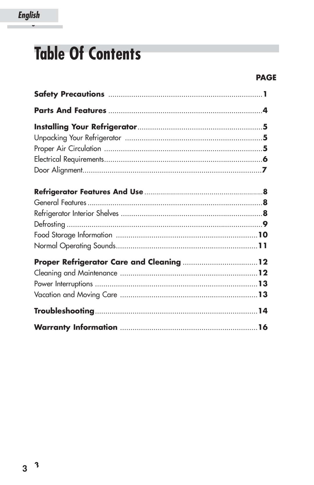 Haier HSP03WNAWW user manual Table Of Contents, English 