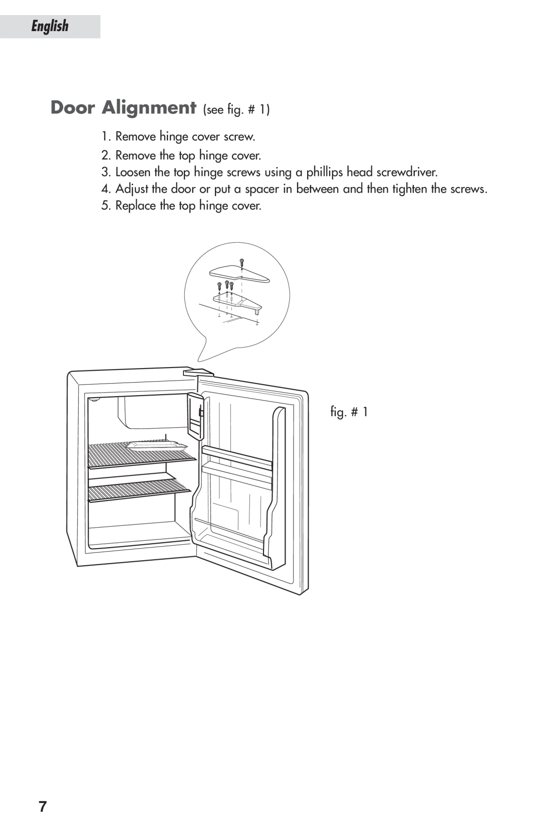 Haier HSP03WNAWW user manual Door Alignment see fig. #, English, Remove hinge cover screw, Remove the top hinge cover 
