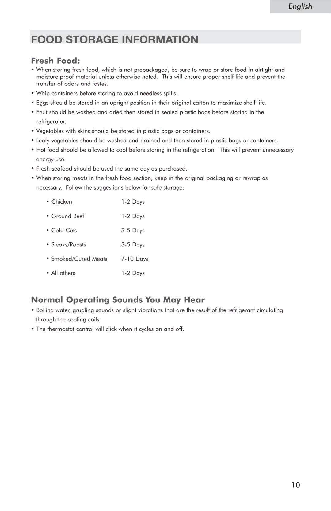 Haier HSP03WNC user manual Food Storage Information, Fresh Food, Normal Operating Sounds You May Hear 