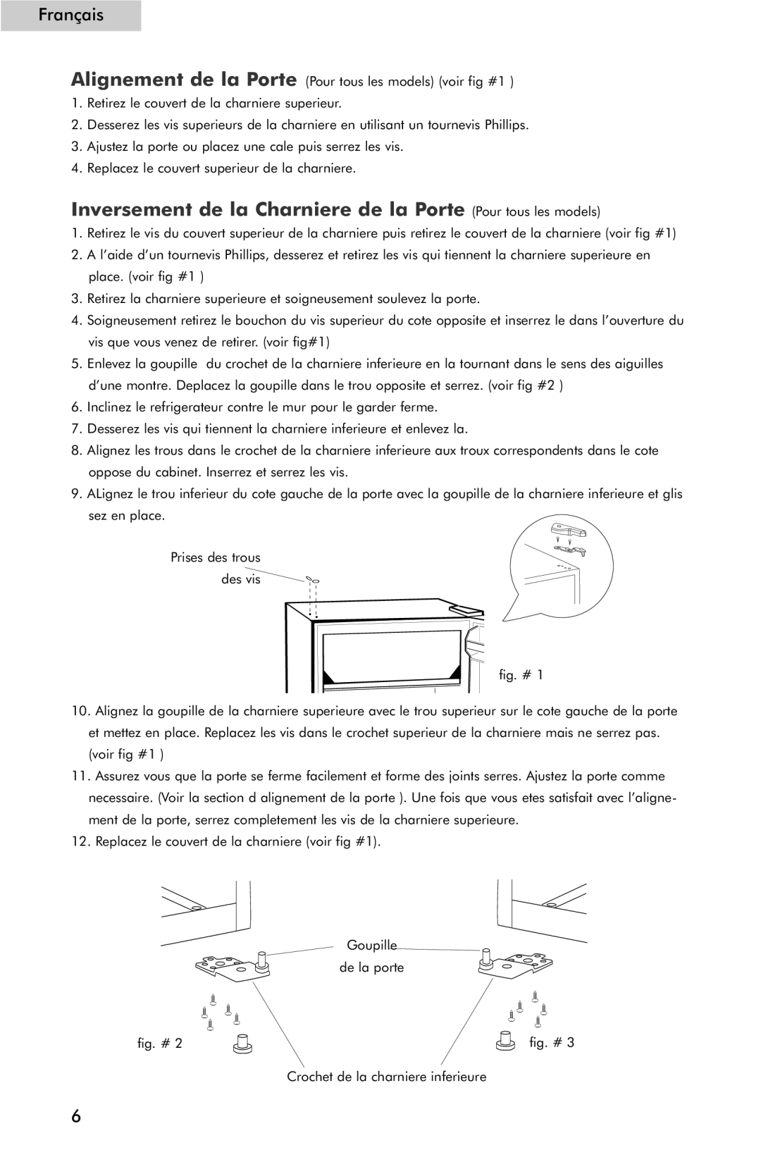 Haier HSP03WNC user manual Inversement de la Charniere de la Porte Pour tous les models 