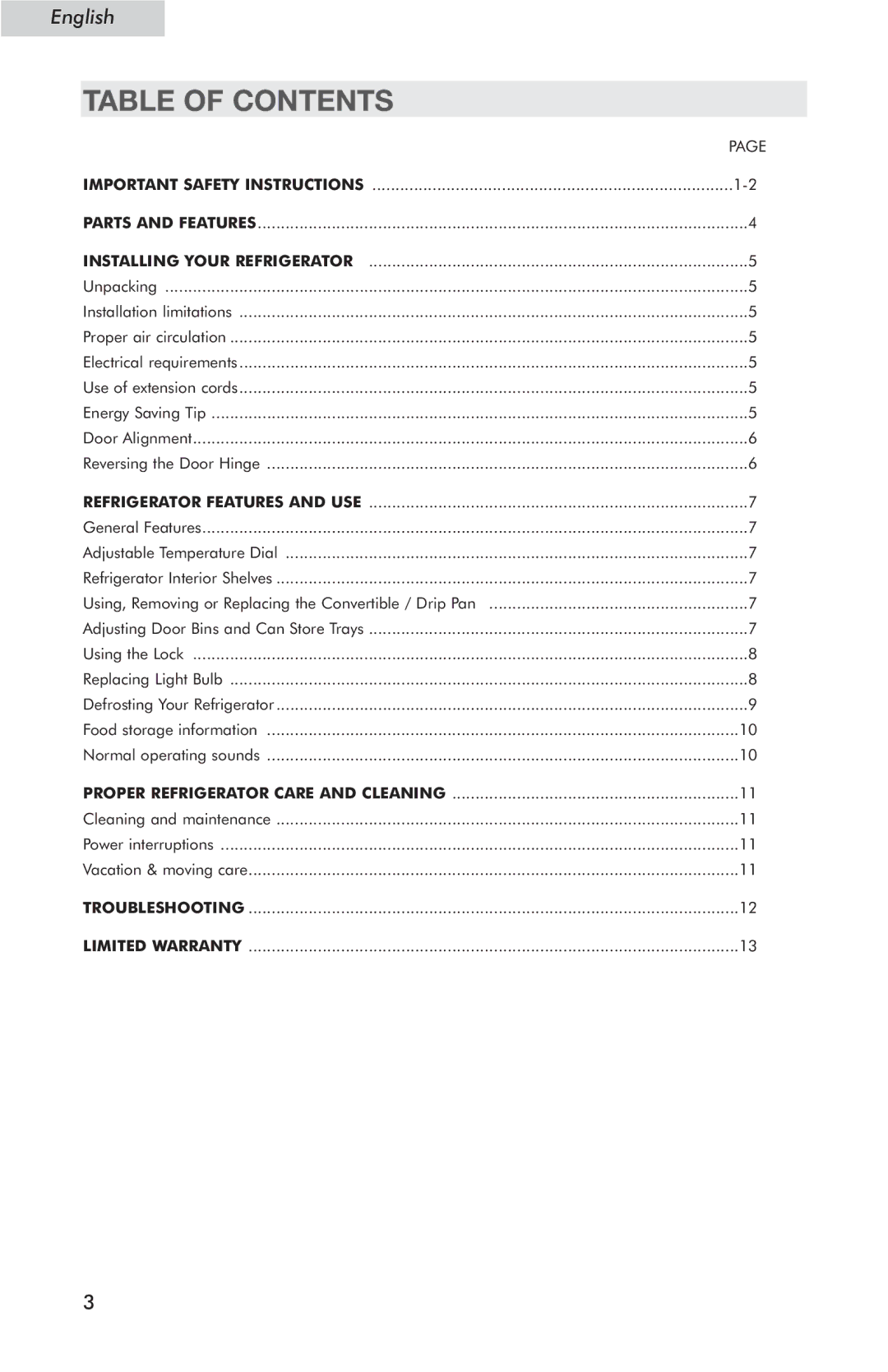 Haier HSP03WNC user manual Table of Contents 