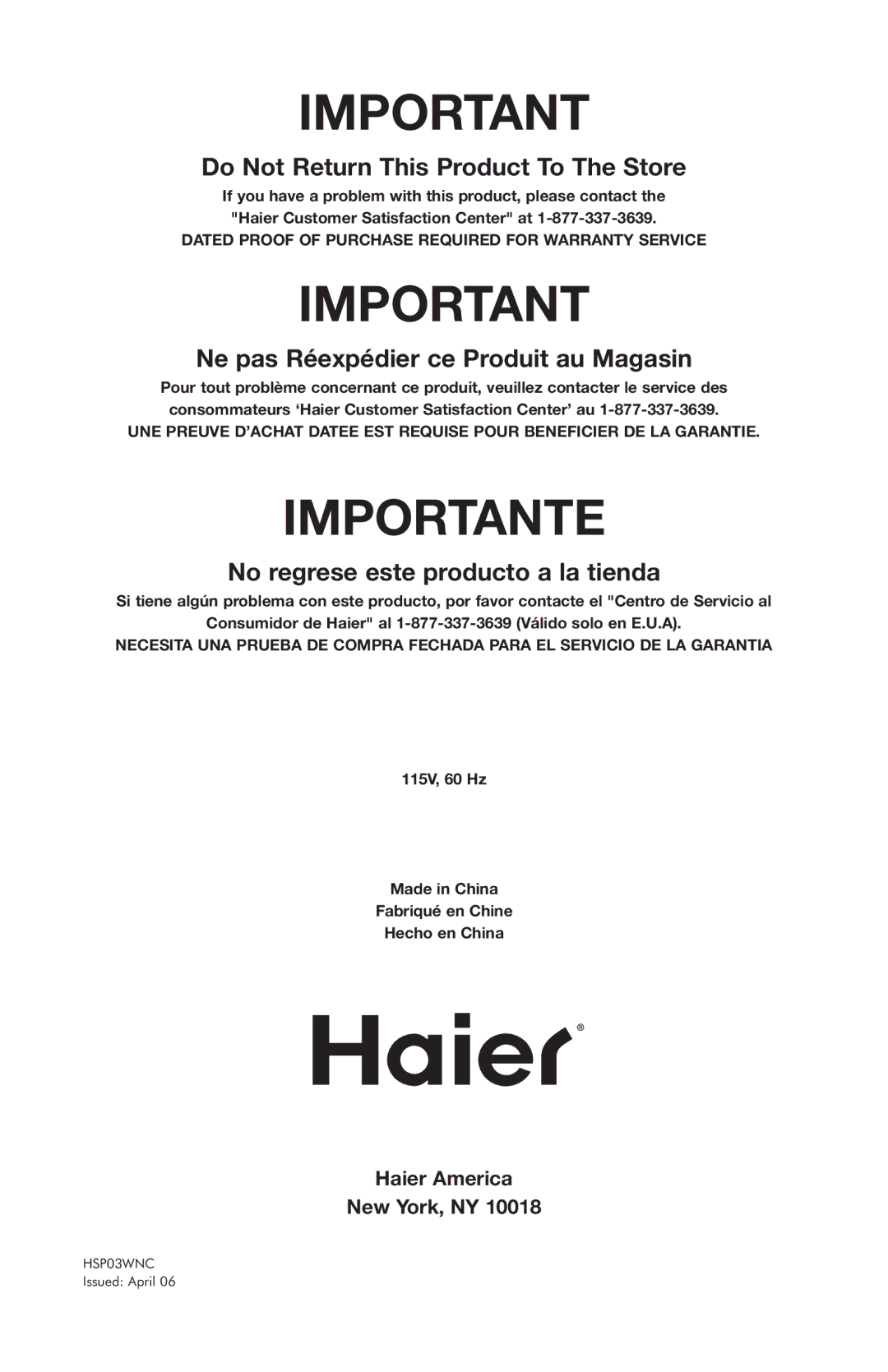 Haier HSP03WNC user manual Importante 