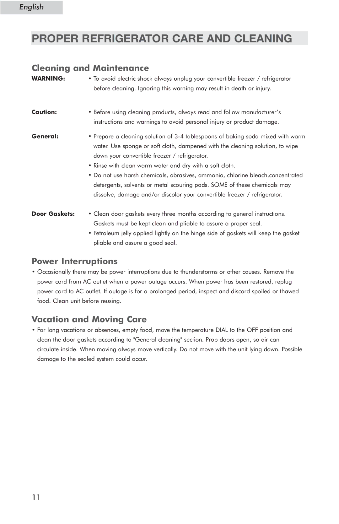 Haier HSP05WNC user manual Proper Refrigerator Care and Cleaning, Cleaning and Maintenance, Power Interruptions 