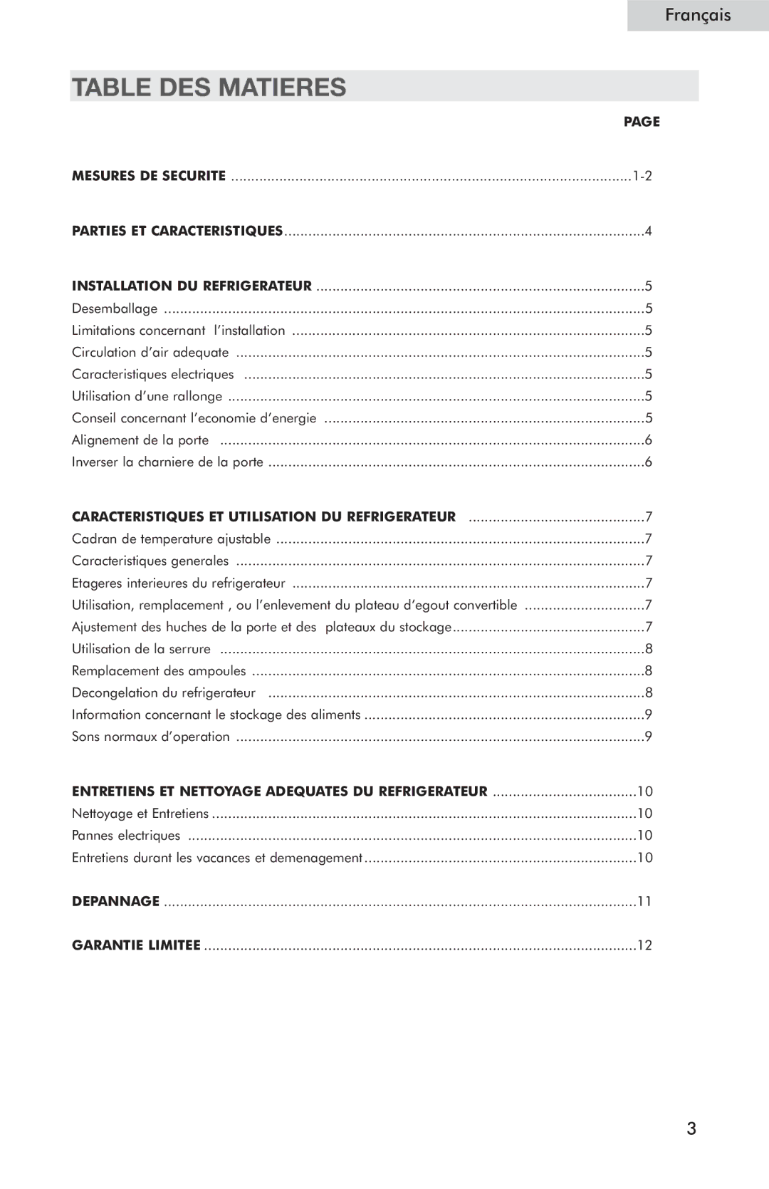 Haier HSP05WNC user manual Table DES Matieres, Caracteristiques ET Utilisation DU Refrigerateur 