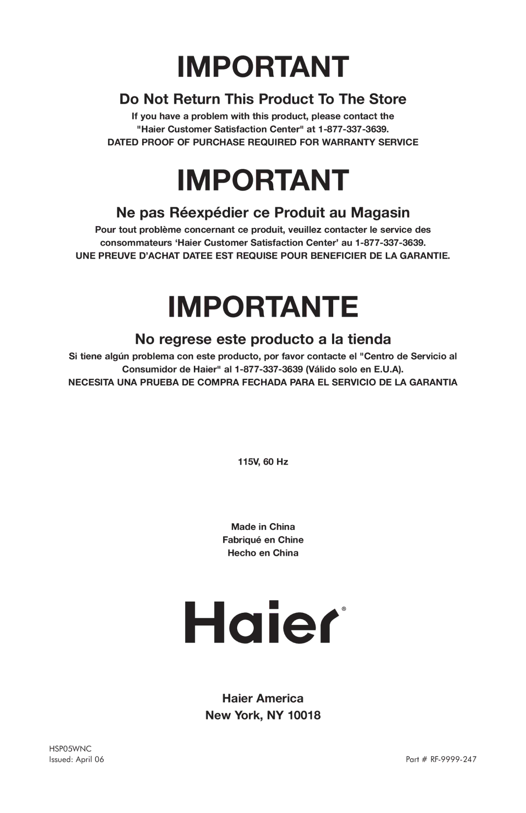 Haier HSP05WNC user manual Importante 