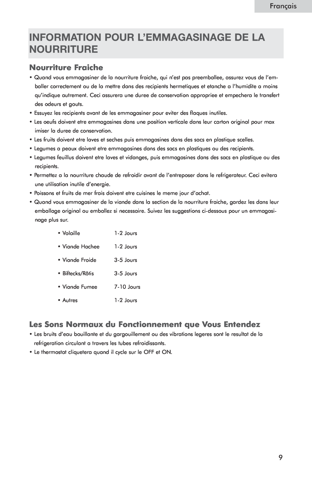 Haier HSP05WNC user manual Information Pour L’Emmagasinage De La Nourriture, Nourriture Fraiche, Français 