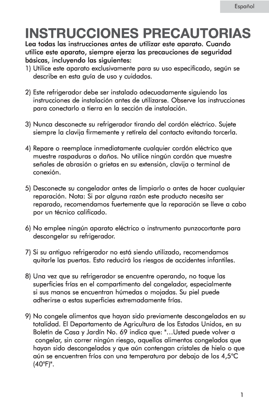 Haier HSP05WNC user manual Instrucciones Precautorias, Español 
