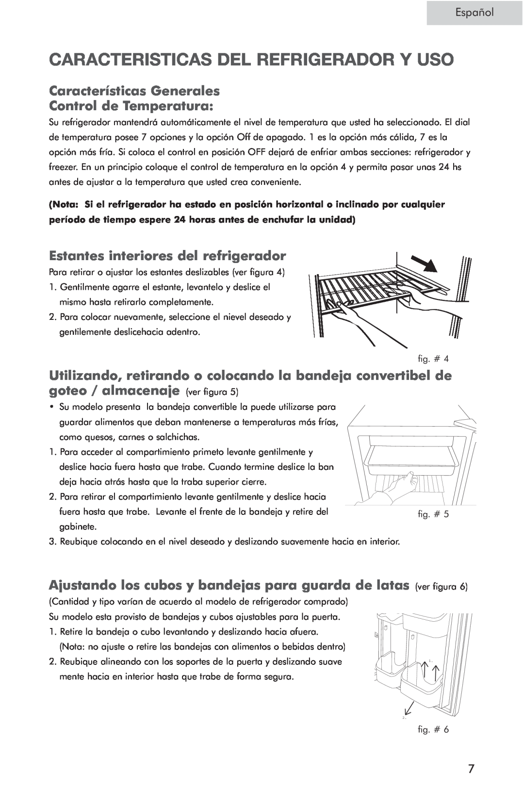 Haier HSP05WNC Caracteristicas Del Refrigerador Y Uso, Características Generales Control de Temperatura, Español 