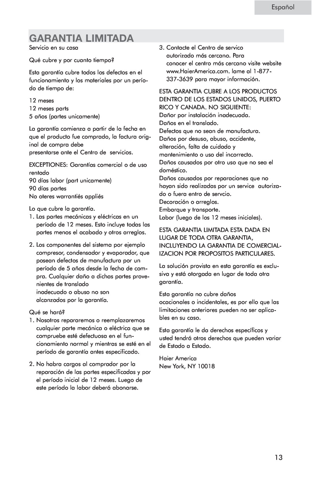 Haier HSP05WNC user manual Garantia Limitada, Español 