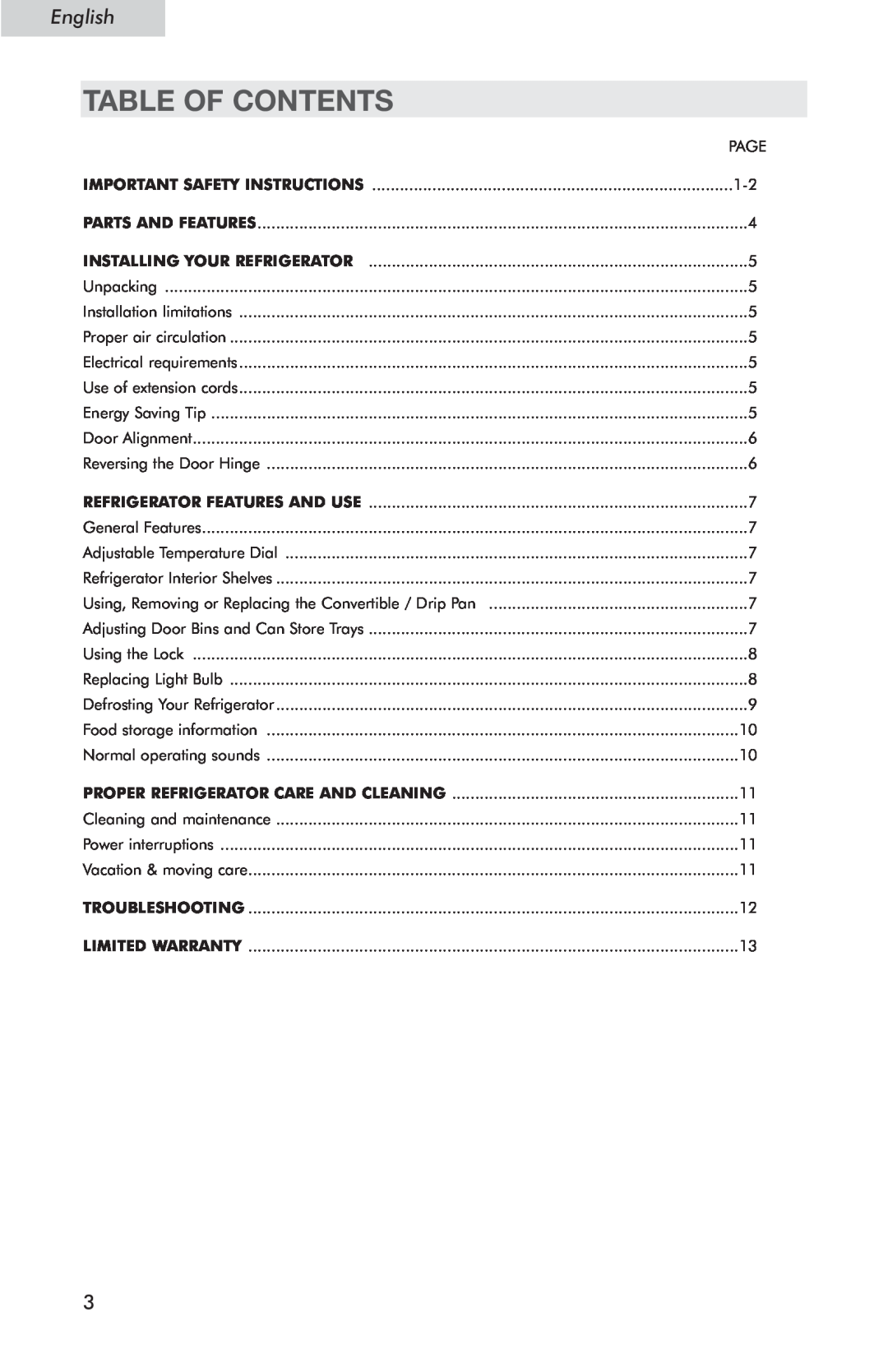 Haier HSP05WNC user manual Table Of Contents, English 