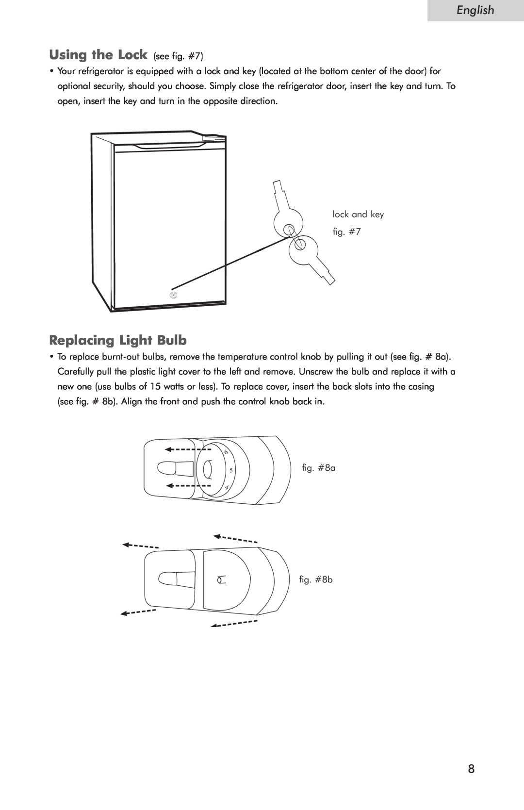 Haier HSP05WNC user manual Using the Lock see fig. #7, Replacing Light Bulb, English 