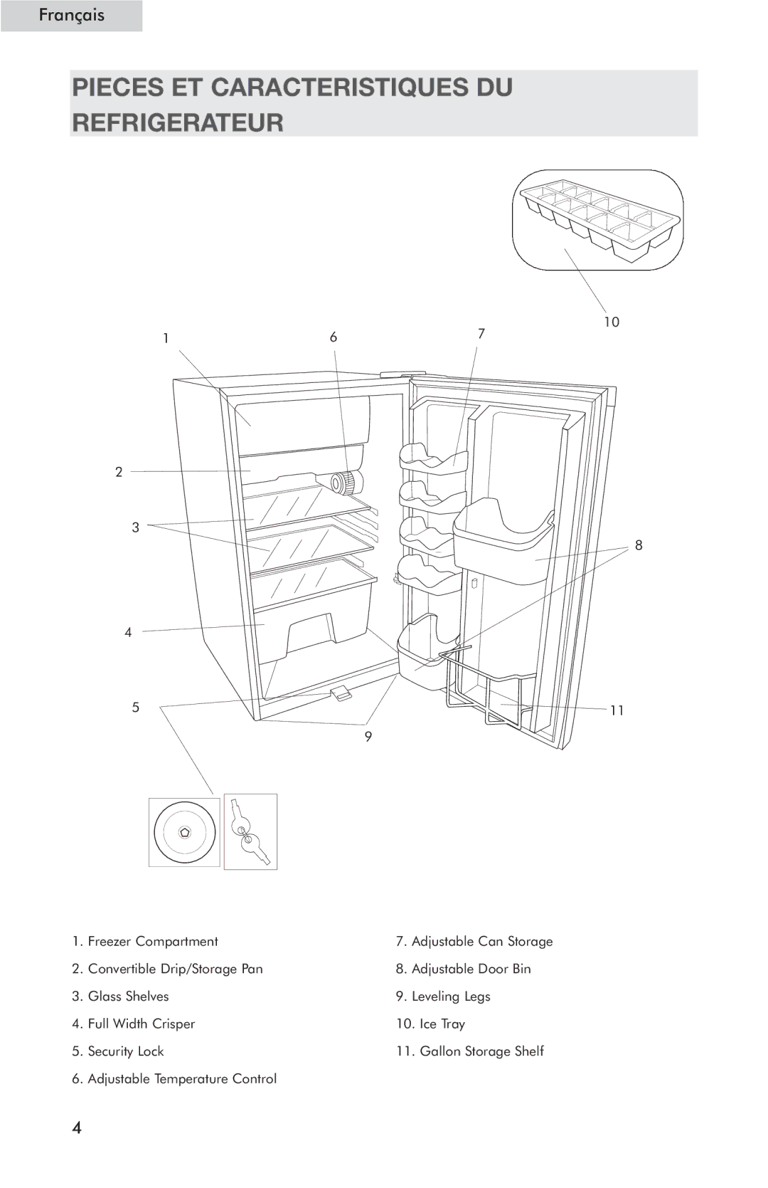 Haier HSQ05WNC user manual Pieces ET Caracteristiques DU Refrigerateur 