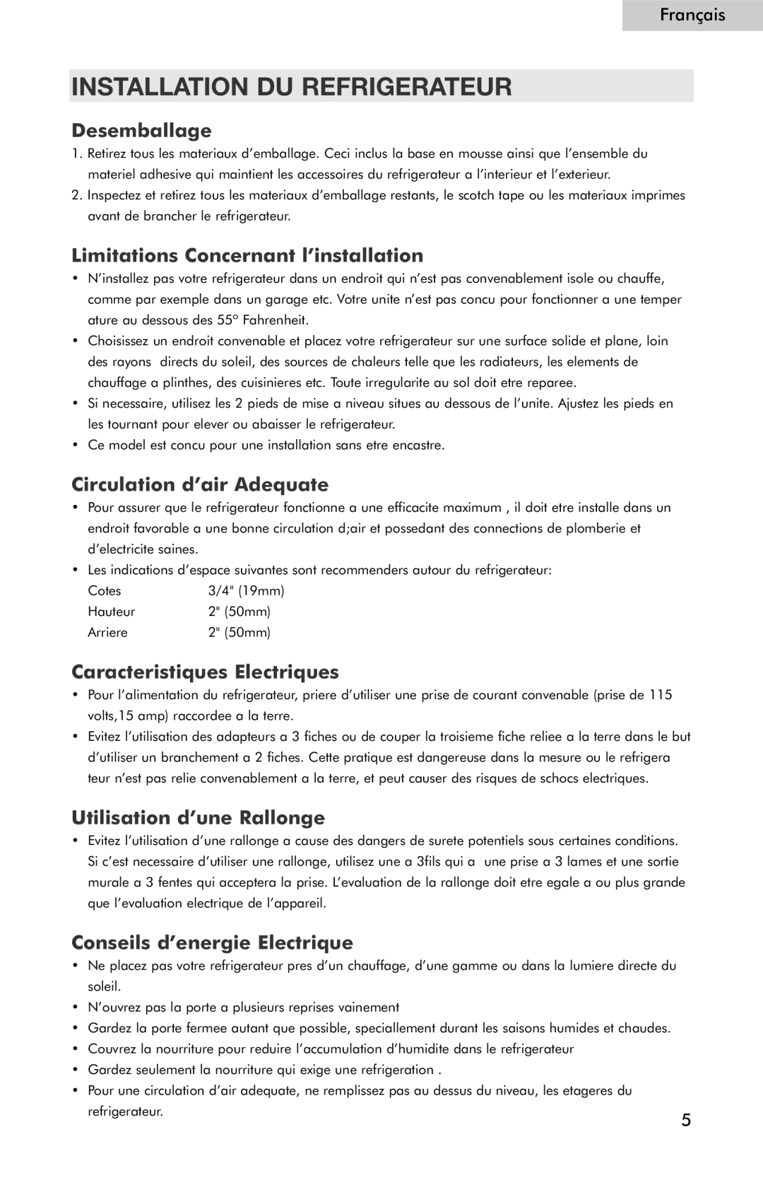 Haier HSQ05WNC user manual Installation DU Refrigerateur 