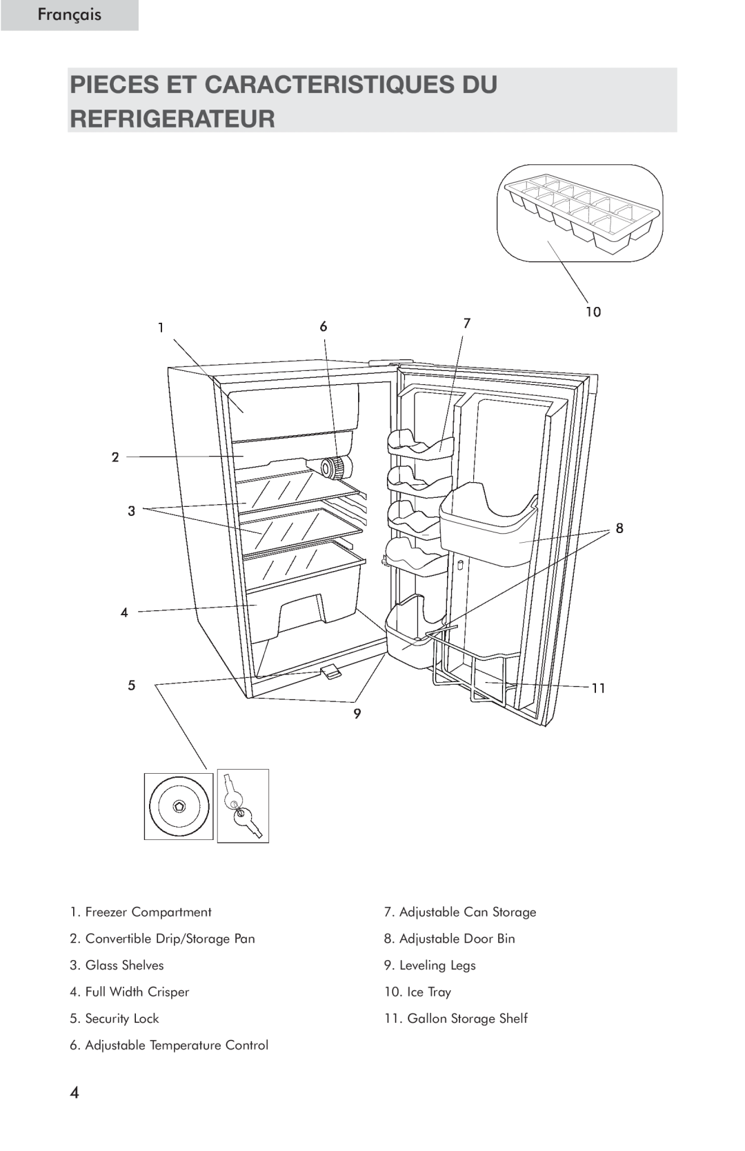 Haier HSQ05WNC user manual Pieces Et Caracteristiques Du Refrigerateur, Français 