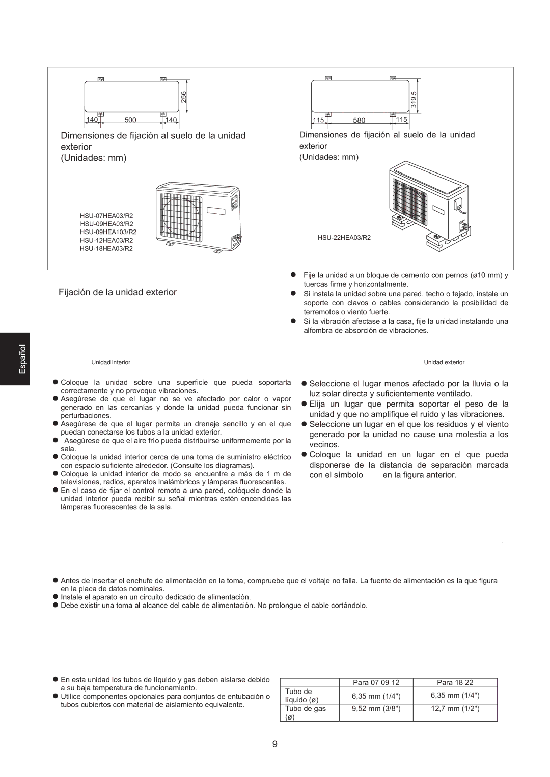 Haier HSU-22HEA03/R2, HSU-07HEA03/R2 Selección de tubo, Selección del lugar de instalación, Fuente de alimentación 