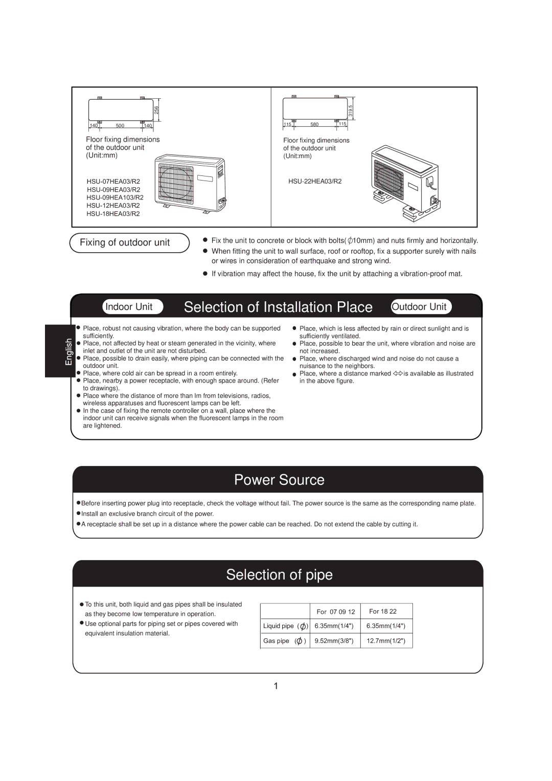 Haier HSU-22HEA03/R2, HSU-07HEA03/R2, HSU-09HEA103/R2, 0010516146 Selection of Installation Place Outdoor Unit 