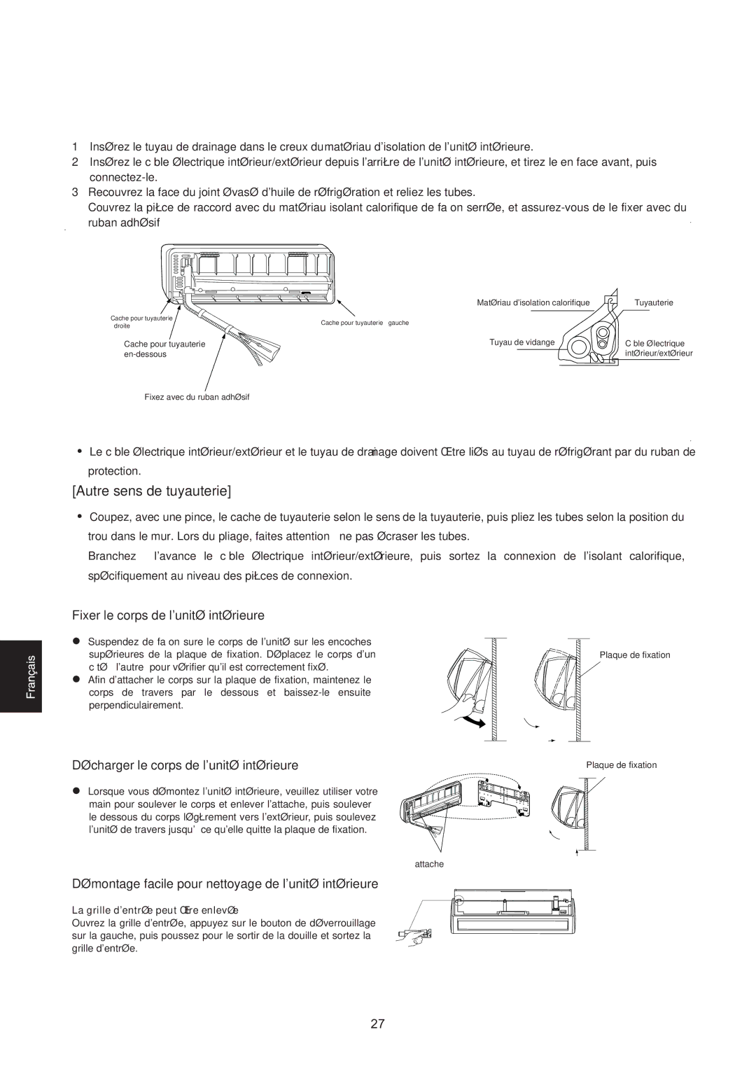 Haier HSU-07HEA03/R2 Unité intérieure, Fixer le corps de lunité intérieure, Décharger le corps de lunité intérieure 