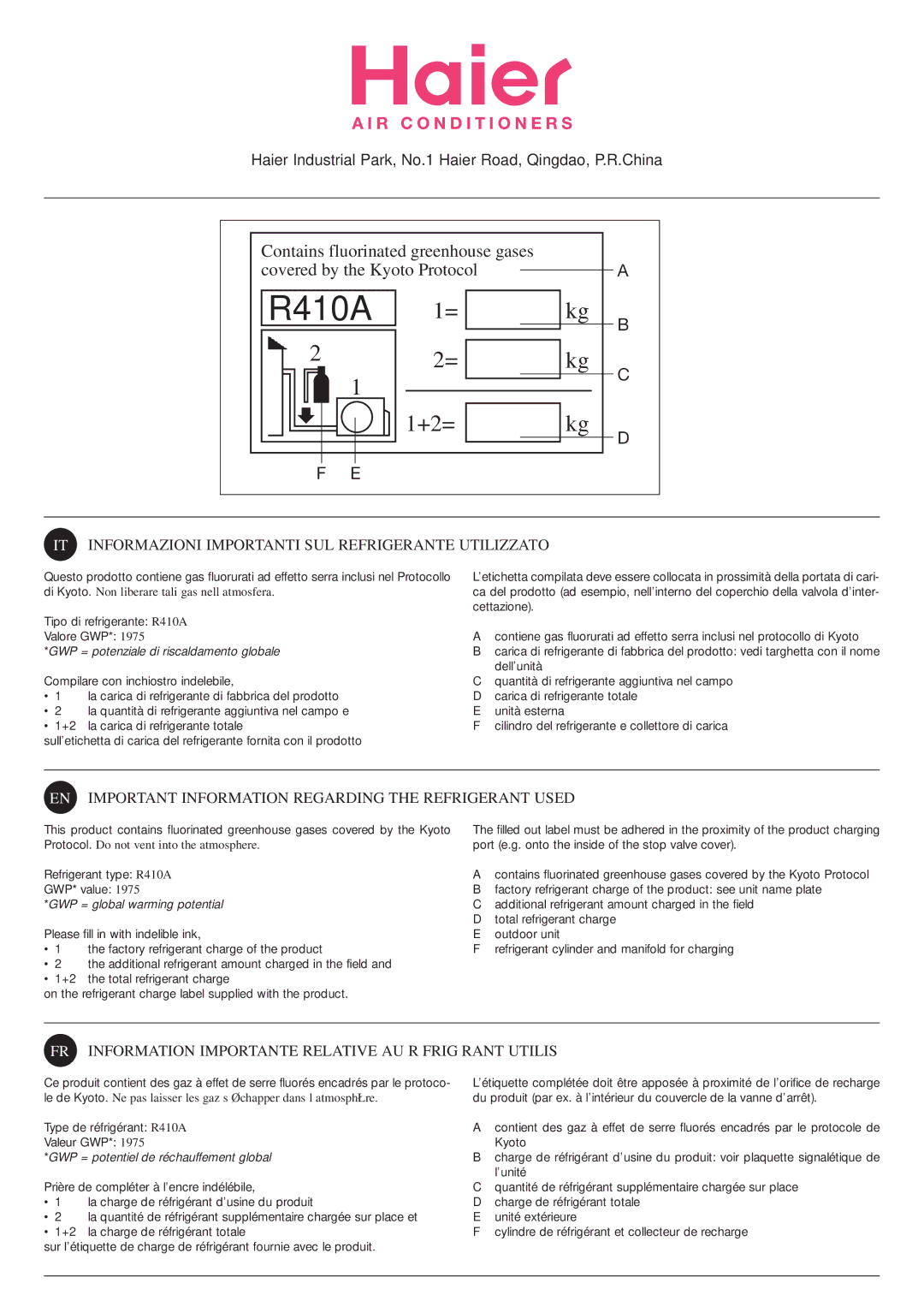 Haier 0010516146, HSU-07HEA03/R2, HSU-09HEA103/R2, HSU-22HEA03/R2 installation manual R410A 