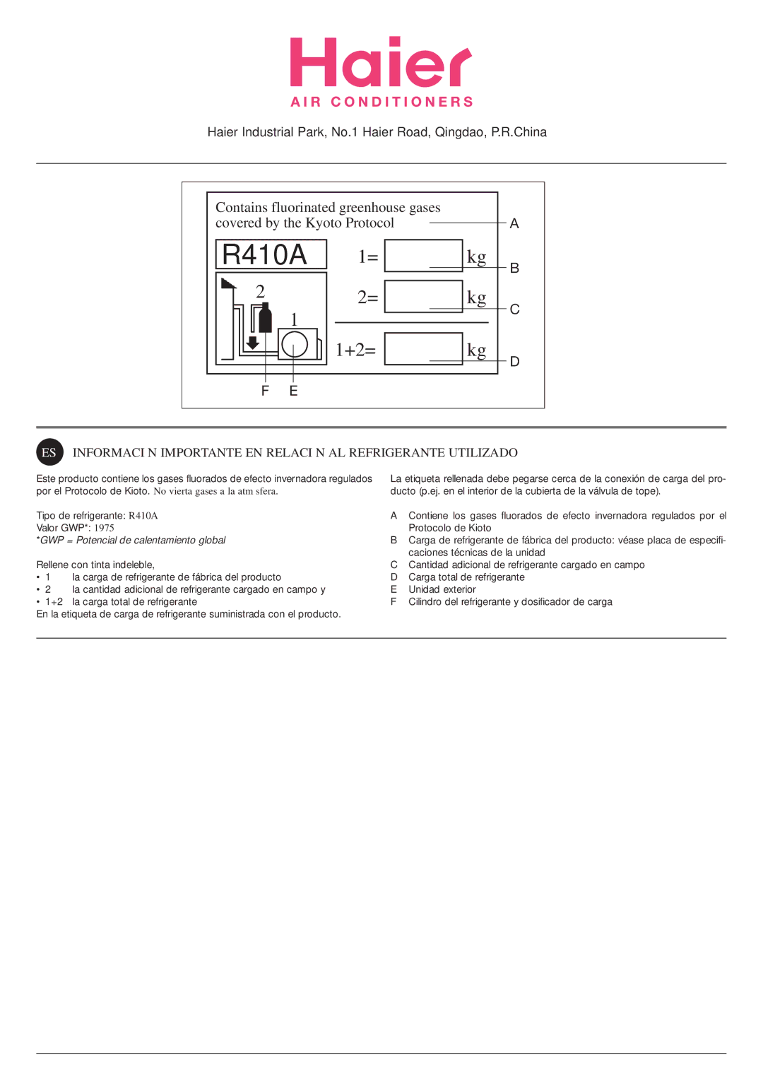 Haier HSU-07HEA03/R2, HSU-09HEA103/R2, HSU-22HEA03/R2, 0010516146 installation manual GWP = Potencial de calentamiento global 