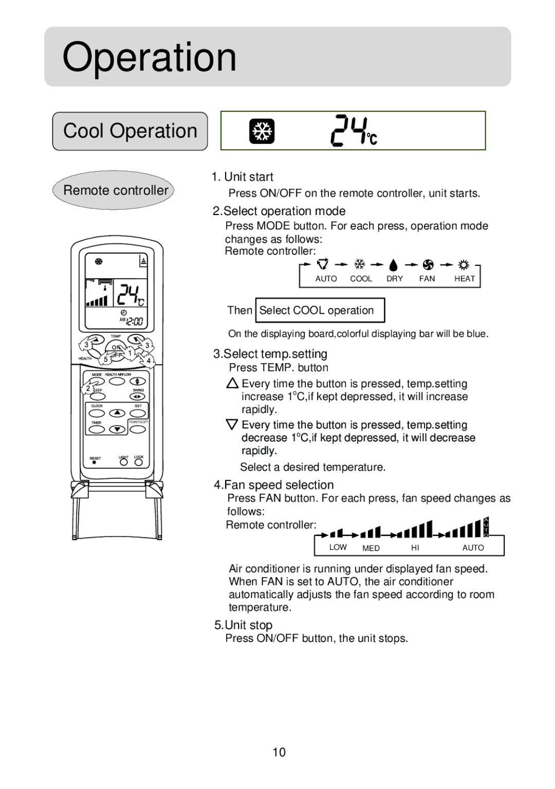 Haier HSU-07HV03, HSU-09HV03, HSU-12HV03, HSU-18HV03, HSU-22HV03, HSU-12HVB03 Cool Operation, Select temp.setting 