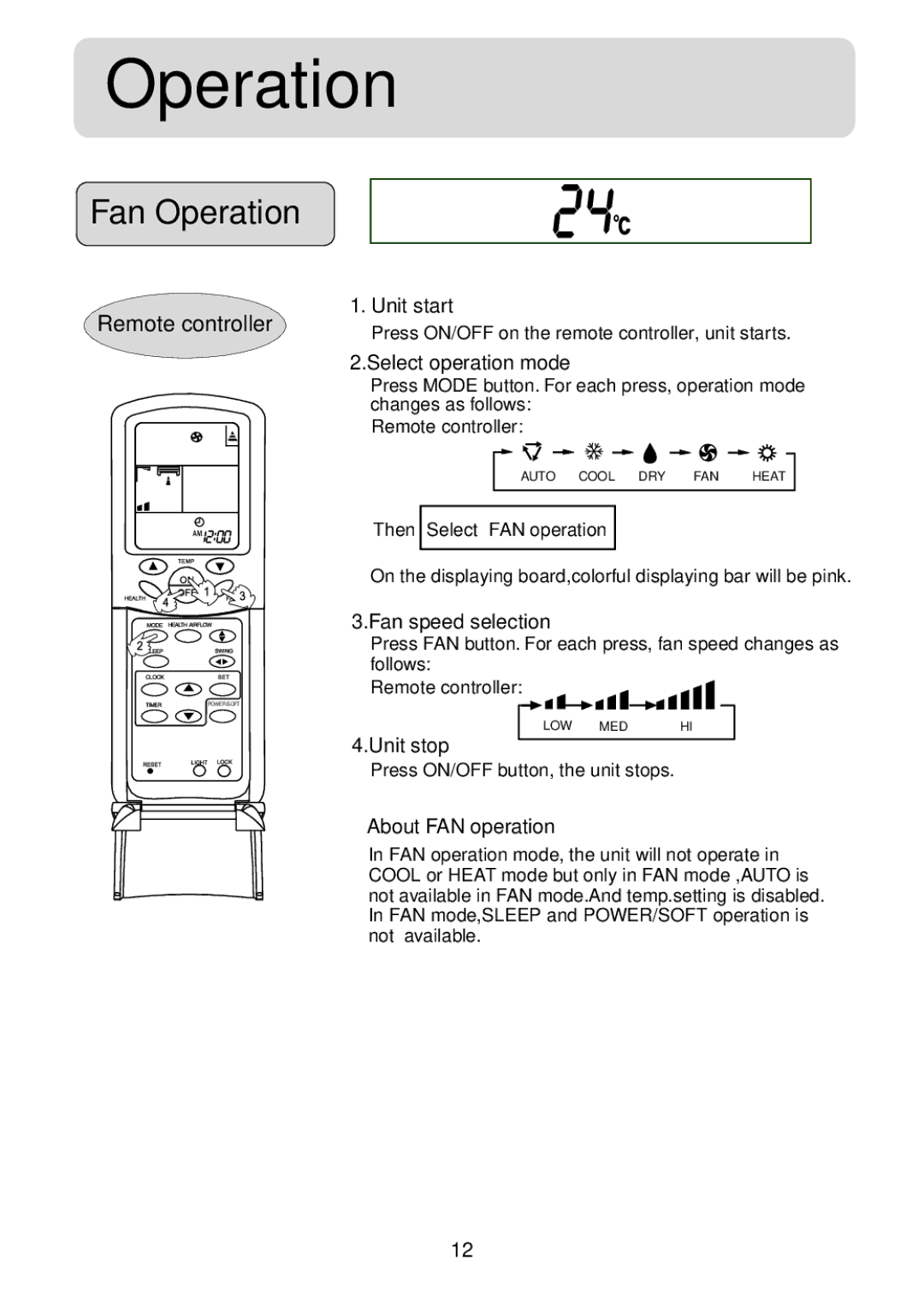 Haier HSU-07HV03, HSU-09HV03, HSU-12HV03, HSU-18HV03, HSU-22HV03, HSU-12HVB03 Fan Operation, About FAN operation 