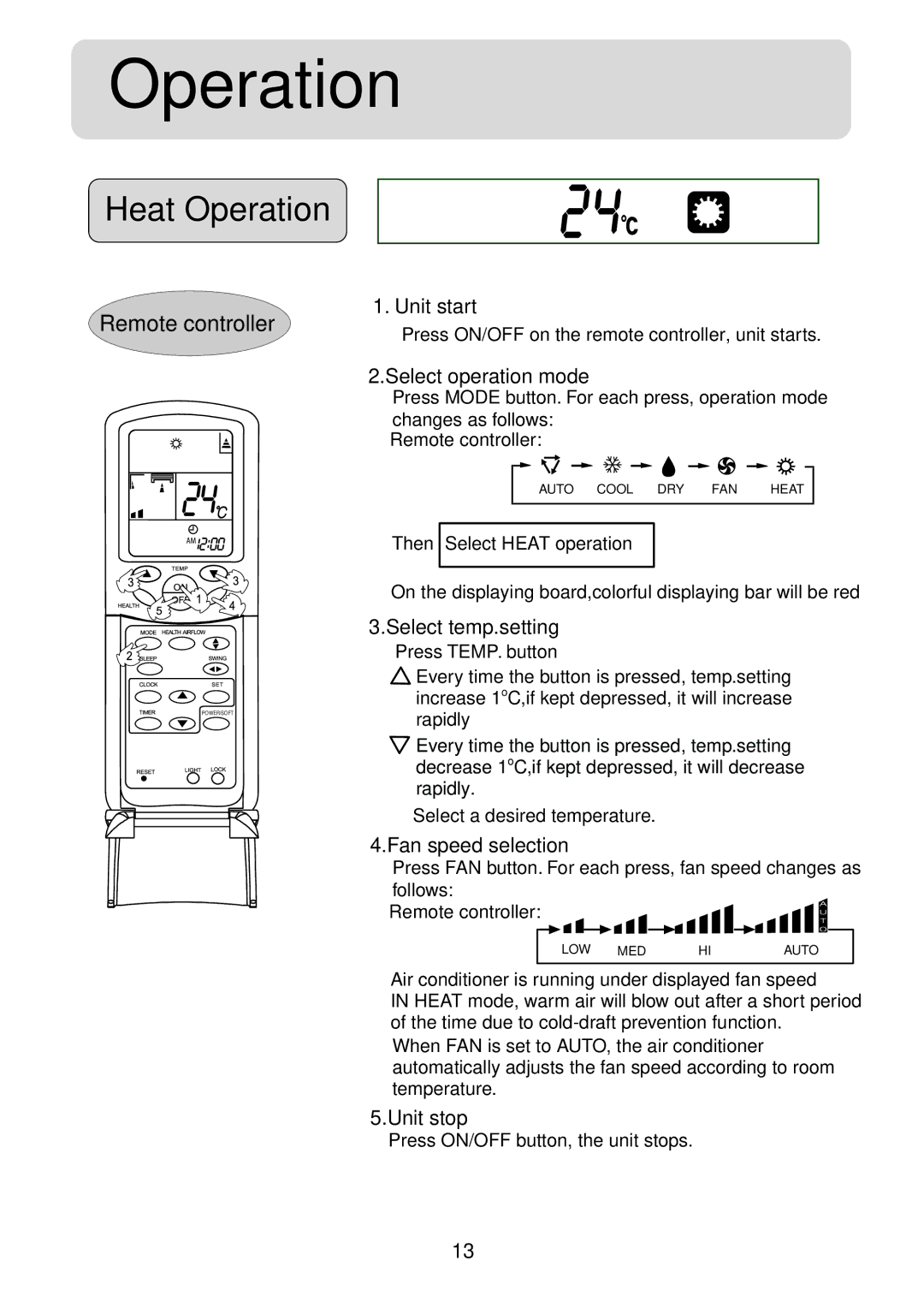 Haier HSU-07HV03, HSU-09HV03, HSU-12HV03, HSU-18HV03, HSU-22HV03, HSU-12HVB03 operation manual Heat Operation 