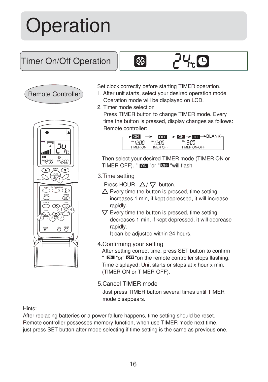 Haier HSU-07HV03, HSU-09HV03, HSU-12HV03, HSU-18HV03, HSU-22HV03, HSU-12HVB03 Timer On/Off Operation, Time setting 