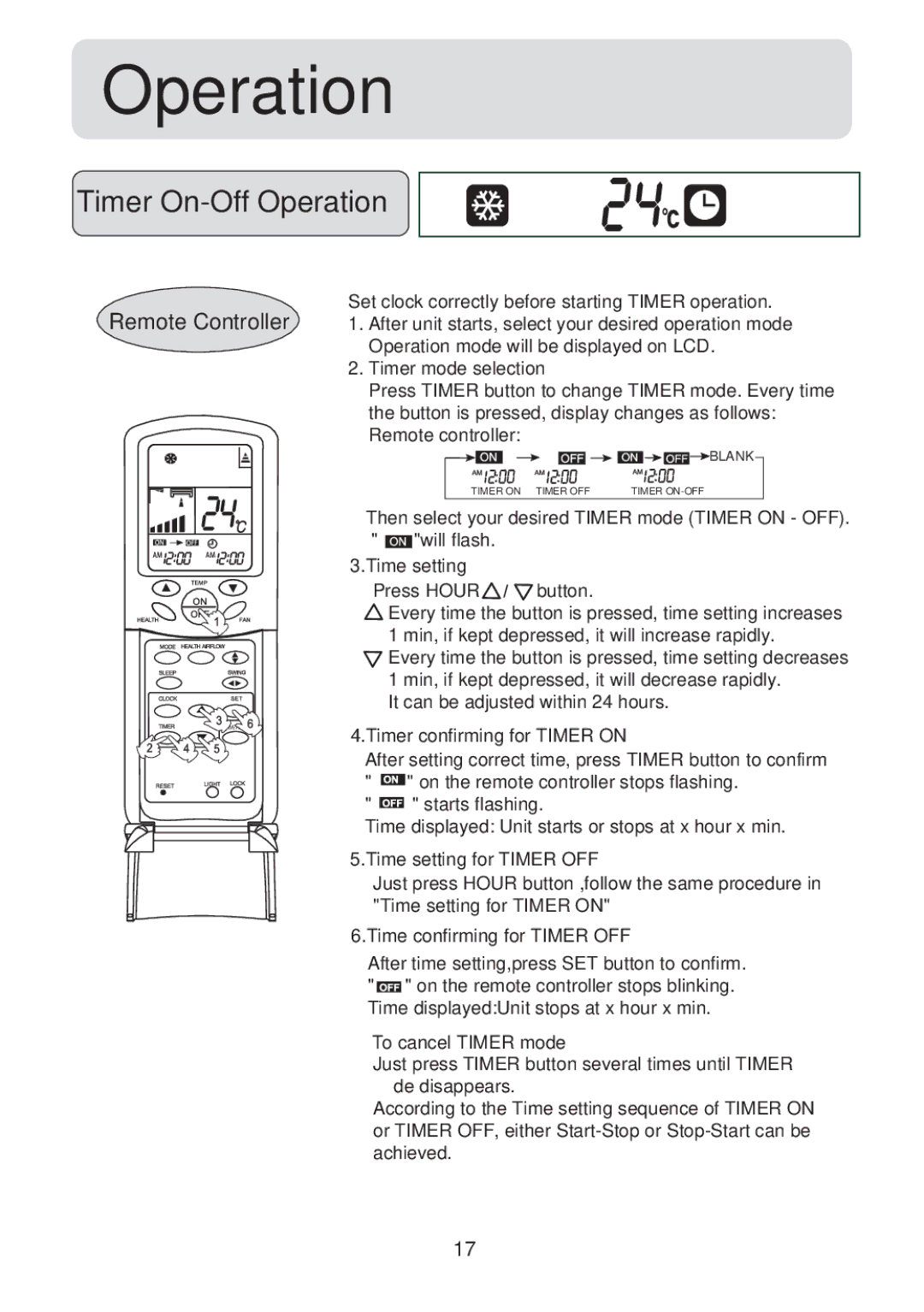 Haier HSU-07HV03, HSU-09HV03, HSU-12HV03, HSU-18HV03, HSU-22HV03, HSU-12HVB03 operation manual Timer On-Off Operation 