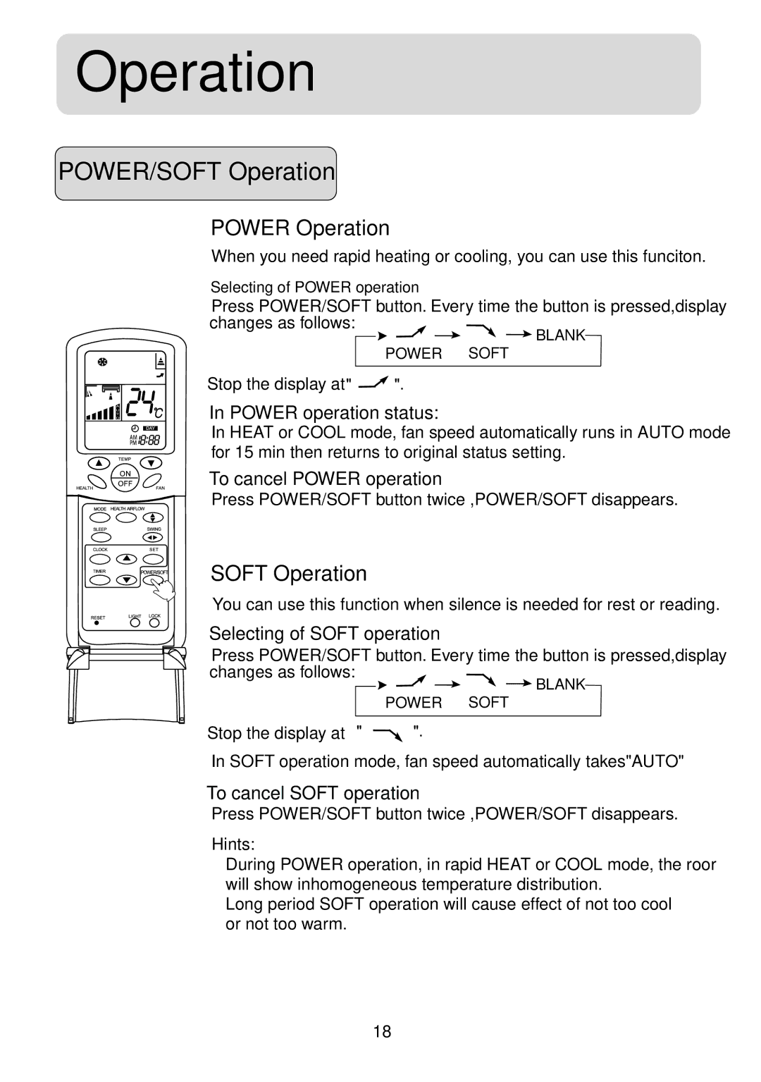 Haier HSU-07HV03, HSU-09HV03, HSU-12HV03, HSU-18HV03, HSU-22HV03, HSU-12HVB03 POWER/SOFT Operation, Power Operation 