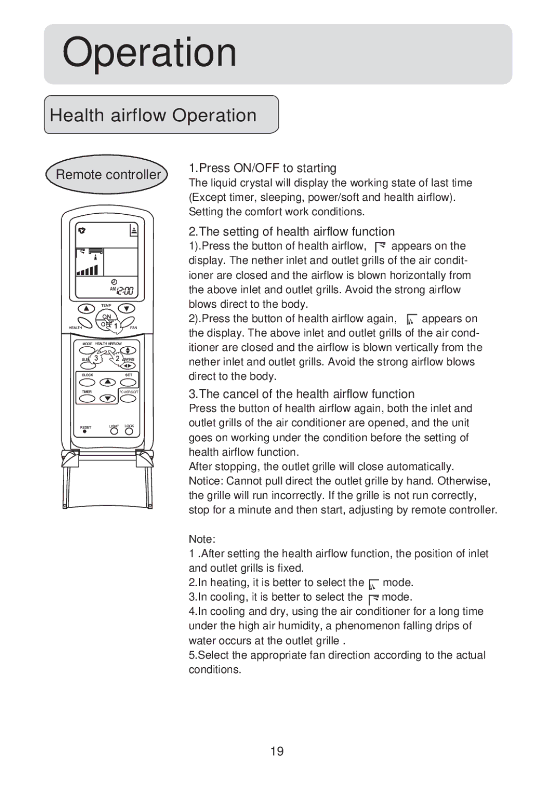 Haier HSU-07HV03, HSU-09HV03, HSU-12HV03, HSU-18HV03, HSU-22HV03, HSU-12HVB03 operation manual Health airflow Operation 