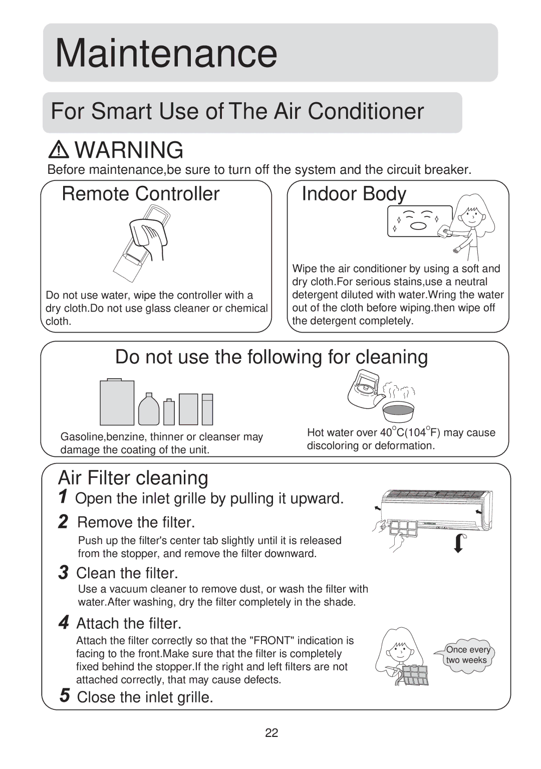 Haier HSU-07HV03, HSU-09HV03, HSU-12HV03, HSU-18HV03, HSU-22HV03, HSU-12HVB03 Remote Controller, Air Filter cleaning 