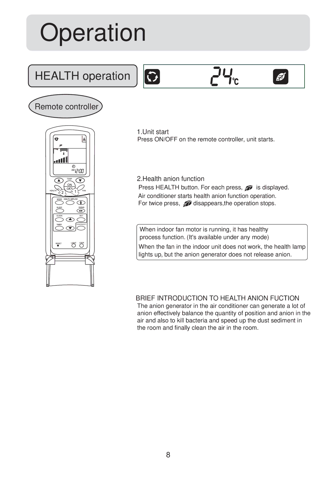 Haier HSU-07HV03, HSU-09HV03, HSU-12HV03, HSU-18HV03, HSU-22HV03, HSU-12HVB03 operation manual Operation, Remote controller 