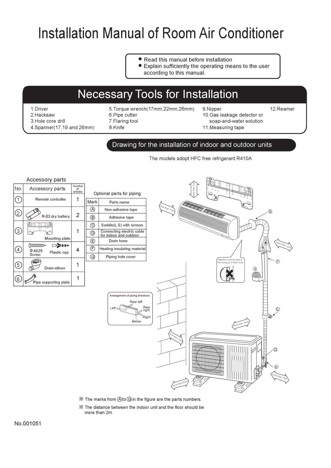 Haier 001051, HSU-0912RF03 installation manual Installation Manual of Room Air Conditioner 