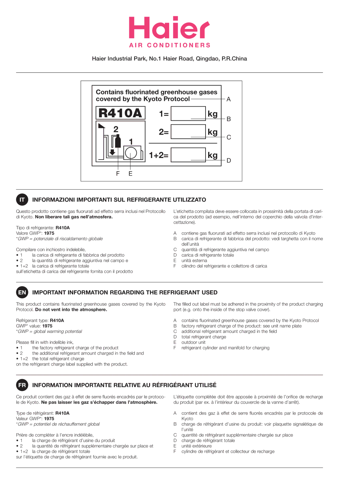 Haier 001051, HSU-0912RF03 installation manual IT Informazioni Importanti SUL Refrigerante Utilizzato 