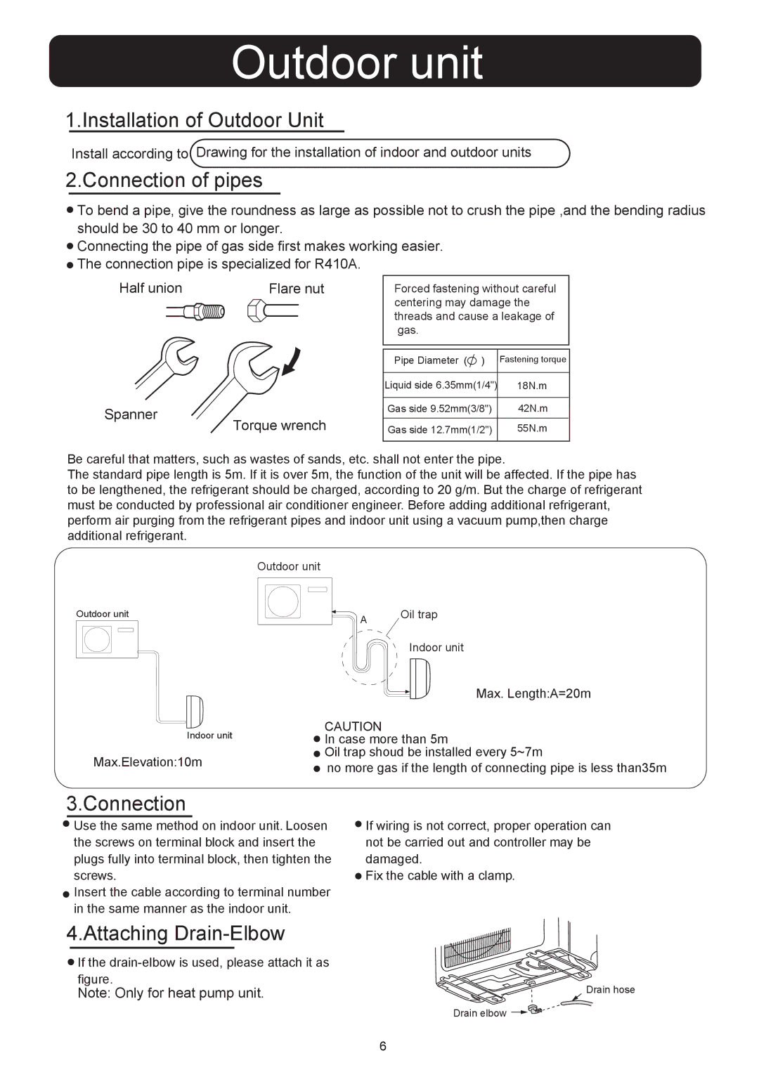 Haier HSU-0912RF03, 001051 installation manual Installation of Outdoor Unit, Connection of pipes, Attaching Drain-Elbow 