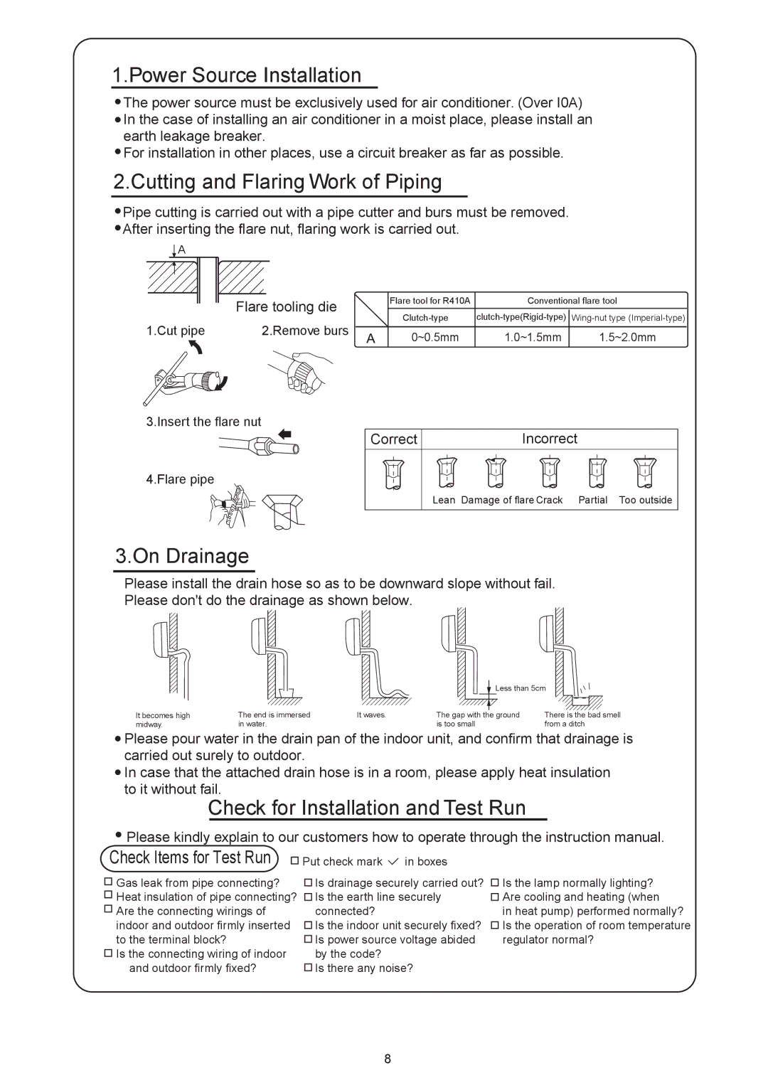 Haier HSU-0912RF03, 001051 installation manual Power Source Installation, Cutting and Flaring Work of Piping, On Drainage 