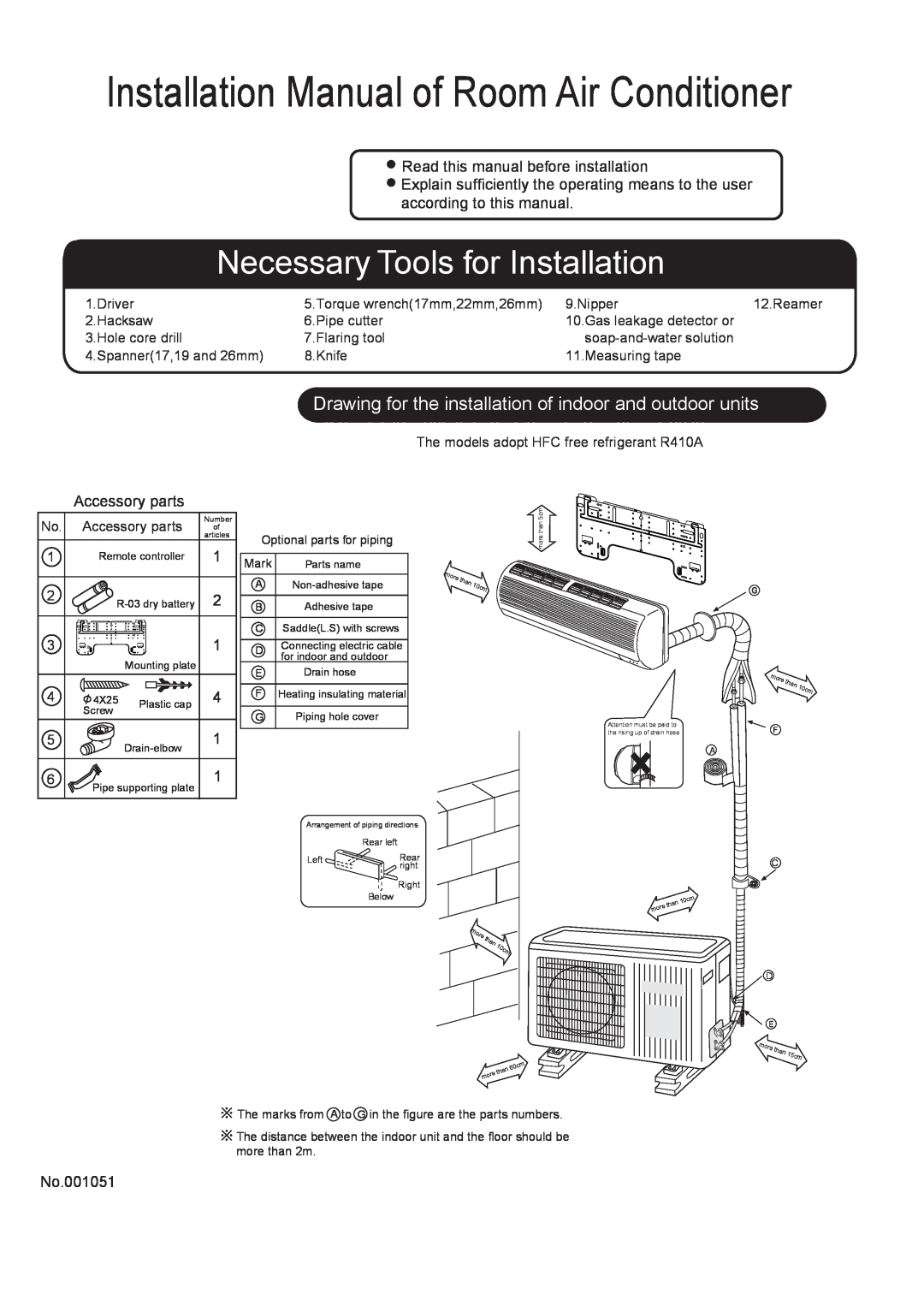 Haier 001051 installation manual Installation Manual of Room Air Conditioner, Necessary Tools for Installation 
