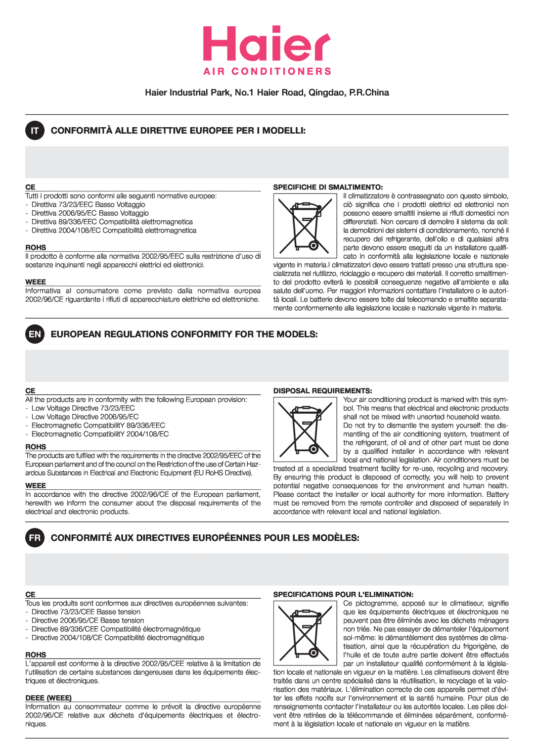 Haier 001051, HSU-0912RF03 installation manual En European Regulations Conformity For The Models 