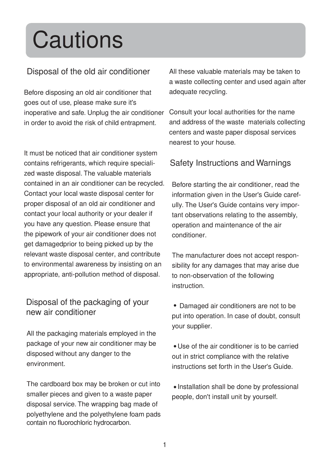 Haier HSU-14CG13, HSU-09CG13, HSU-12CG13 operation manual Disposal of the old air conditioner 