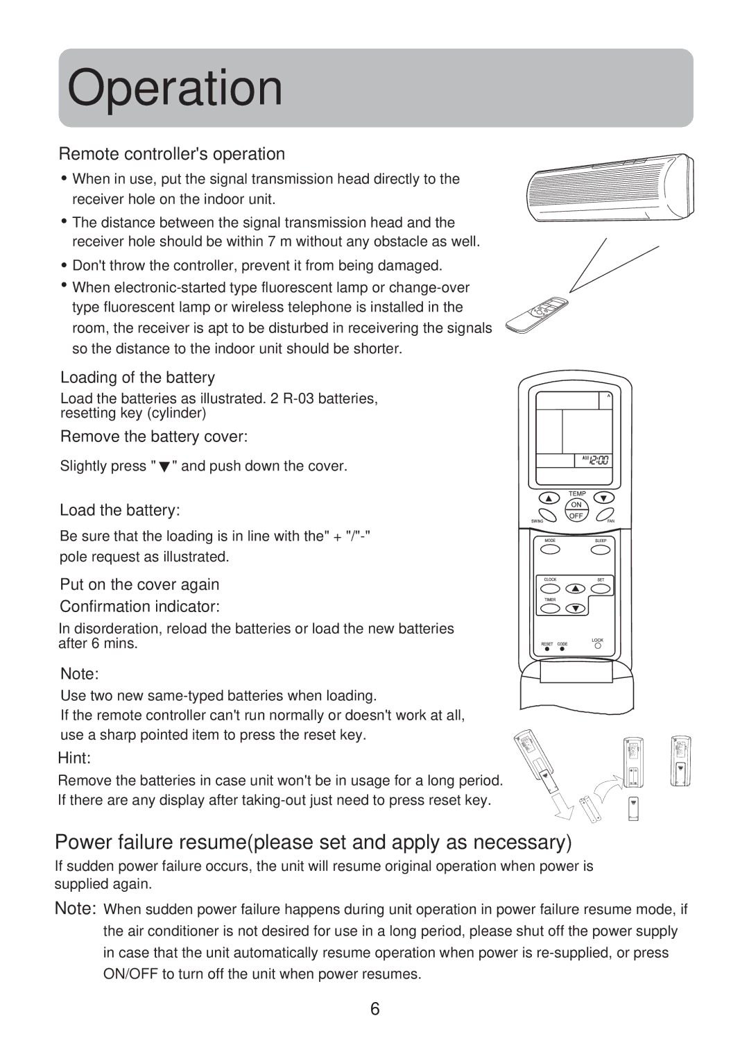 Haier HSU-12CG13, HSU-09CG13 Power failure resumeplease set and apply as necessary, Remote controllers operation 