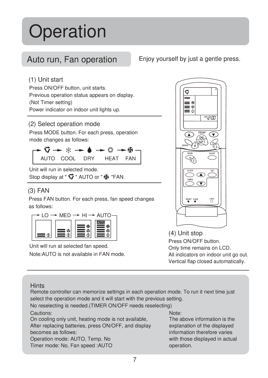 Haier HSU-14CG13 Enjoy yourself by just a gentle press, Unit start, Select operation mode, Fan, Unit stop, Hints 