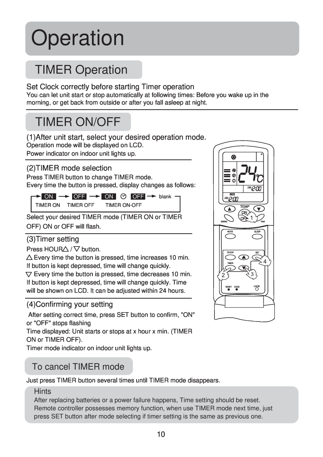 Haier HSU-14CG13 TIMER Operation, Timer On/Off, To cancel TIMER mode, 2TIMER mode selection, 3Timer setting, Hints 