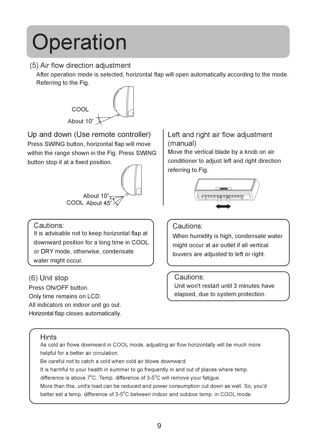 Haier HSU-12HEA03/(BP), 0010518526 Air flow direction adjustment, Left and right air flow adjustment manual, Unit stop 